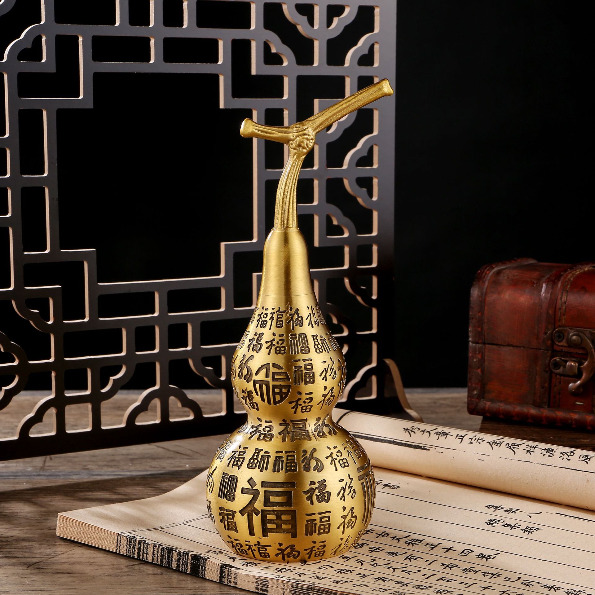 Pure Brass Upper and Lower Opening Hollow Baifu Gourd Carved Large Copper Gourd Ornaments Fulu Crafts