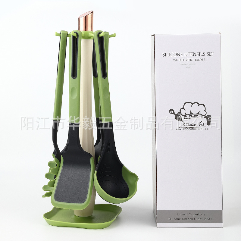 新品硅胶厨具套装双色硅胶手柄铲勺不粘锅铲子套组食品级漏勺厂家|undefined