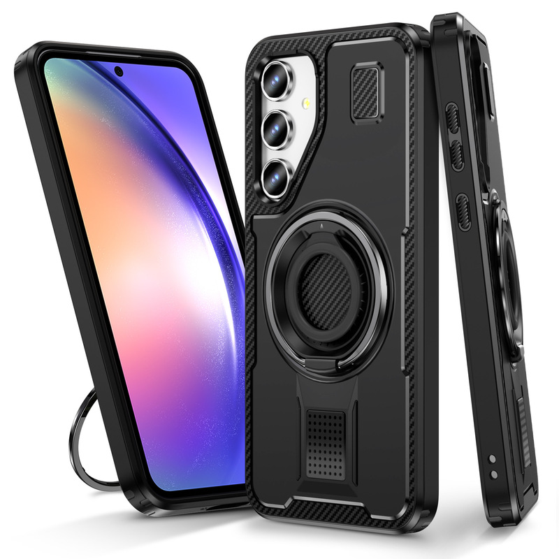 Suitable for Ip16 Passenger Full Carbon Fiber Tpu Built-In Silicone Soft Ring Rotating Bracket A35/A55 Anti-Fall Mobile Phone Case