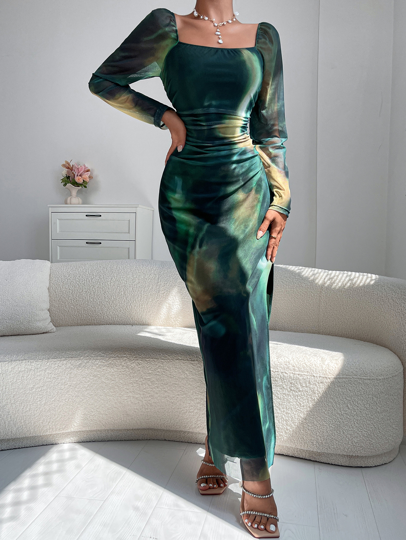Transfronterizo Amazon explosión de moda europea y americana vestido de fiesta apertado vestido de mujer sexy vestido de hombro bifurcado