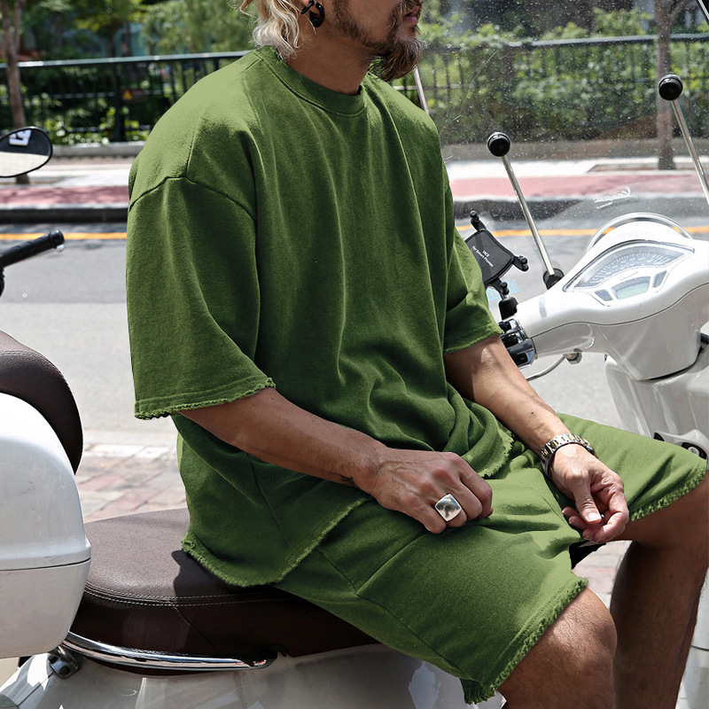 427g Weight Short Sleeve Sleeve Length Cotton Blend Fabric Type Shorts Sets Sets Type 2 Pieces Set Quantity Sports Occasion Round Neck Neckline Regular Fit Fit Type Solid Color Pattern Summer, Spring Season Men's Gender Casual Style Men's Solid Color Shorts Sets Men's Clothing 6