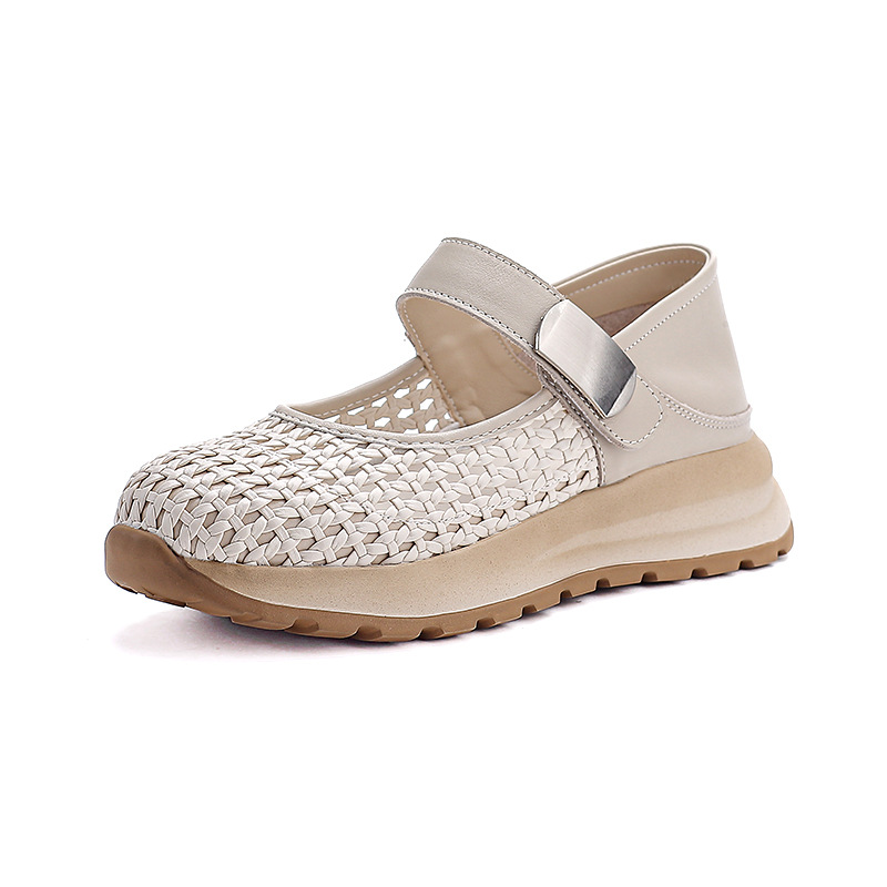Sandal Mary Jane nữ da bò thật đế dày tăng chiều cao — màu be