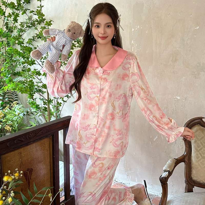 Pajamas Women's Ice Silk Autumn Thin Long-sleeved Silk-like Spring and Autumn Printed plus size High-end Outer Wearing Home Clothes suit