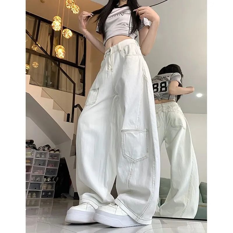White Curved Knife Jeans for Women with a Sense of Design, Exposed Stitching, Deconstructed Pockets, Drapey High Waist, Slimming, Loose Wide-Leg Pants