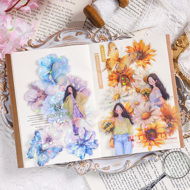 Flores transparentes pegatinas de mascotas impermeables DIY cuentas de mano diario material floral retro 60 pegatinas de caja