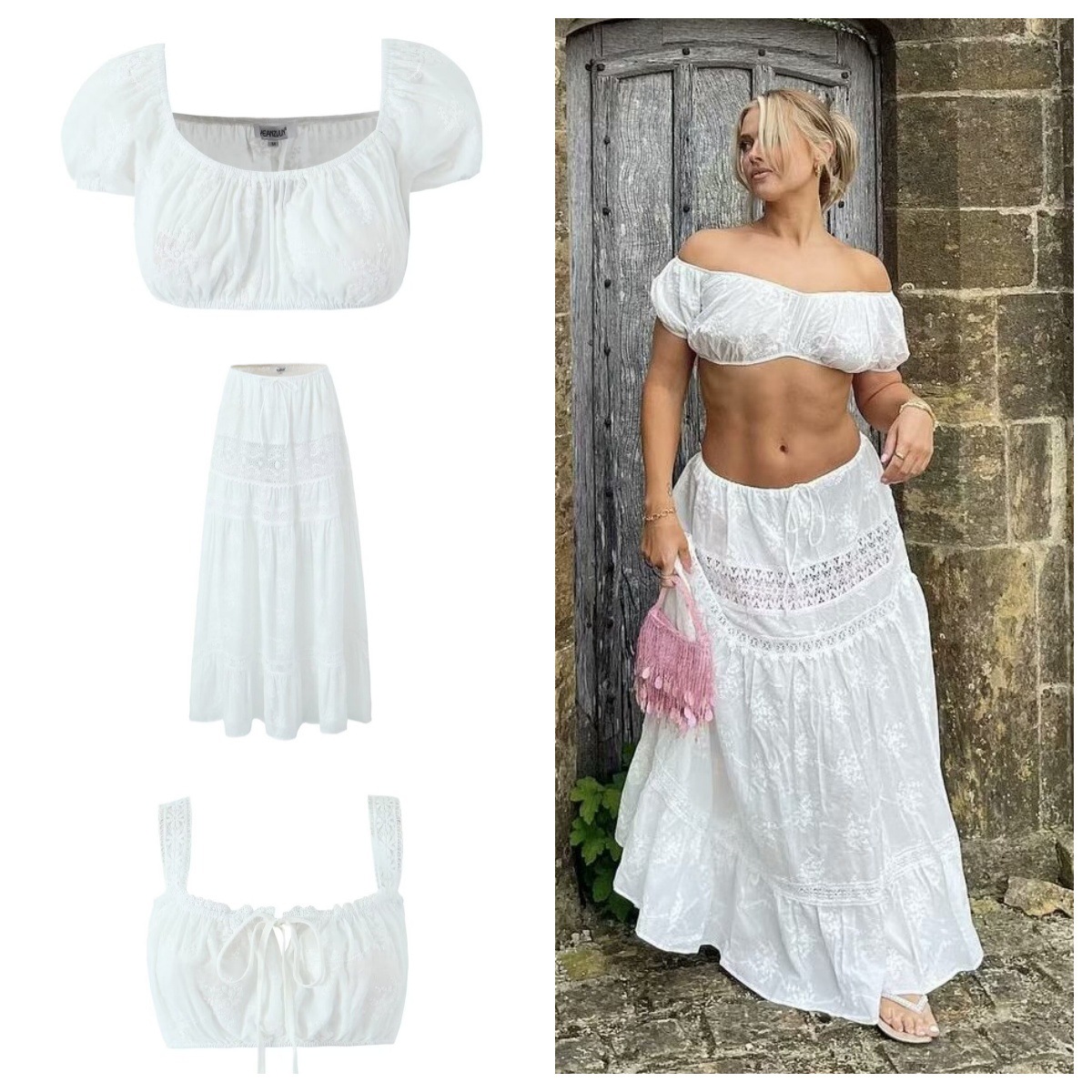 Completo estivo 2025 composto da top e gonna in pizzo francese, ideale per donne sofisticate._voghion.com