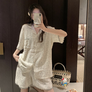 pajamas K-style Popular ins Short-sleeved Shorts pajamas Women's Lapel Women's Cartoon Rabbit Can Be Worn Outside Home Clothes