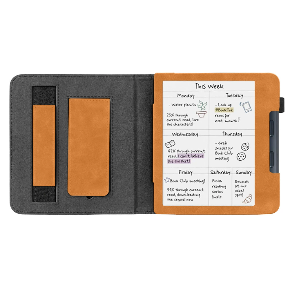 Подходит для Kobo Libra Color 7" (2024) кожаный чехол-рукав с подставкой для рук и ремешком для сна, модель N428
