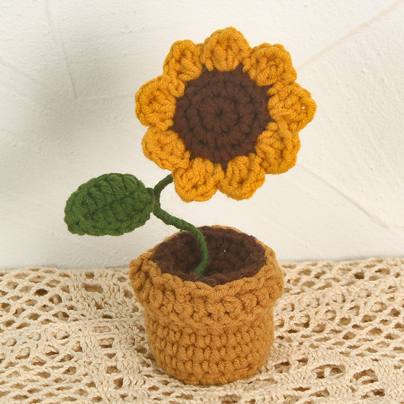 Tejido a mano DIY Rosa girasol maceta ramo de lana de ganchillo acabado hecho en casa decoración del coche regalo