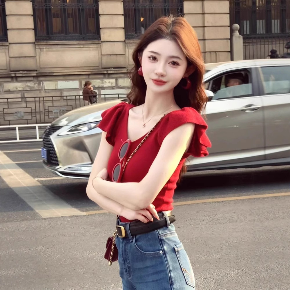 레드 브이넥 반팔 스웨터 여성용 오버숄더 티셔츠 여름 슬리밍 퓨어 러스티 핫걸 스몰 플라잉 슬리브 쇼트 탑