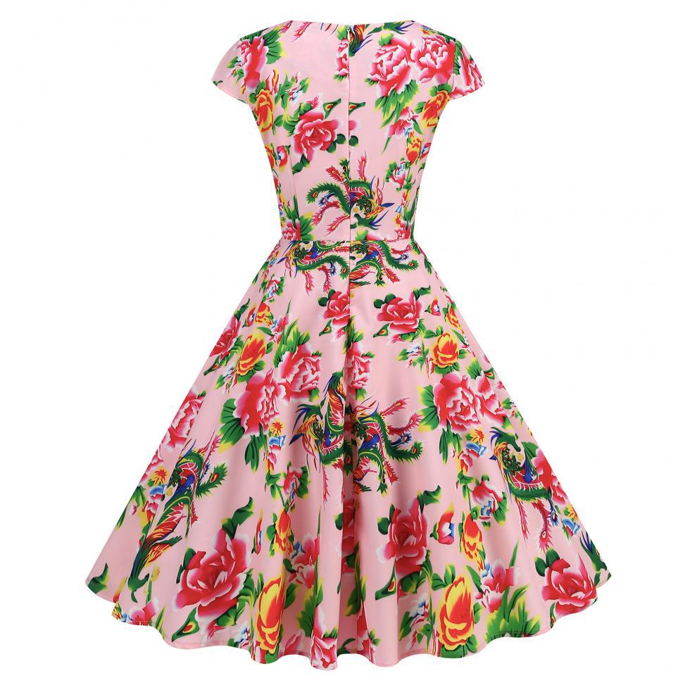 Robe amincissante à imprimé floral rétro et col en V pour femme – Robe d'été élégante mi-longue à manches courtes_voghion.com