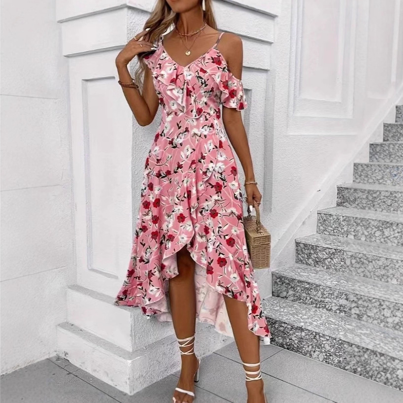 Women's Clothing Floral Print Sundress Irregular Slit Slim Waist Vacation Style Long Dress Fairy Beach Photos Dress For Women_ecoleips.com