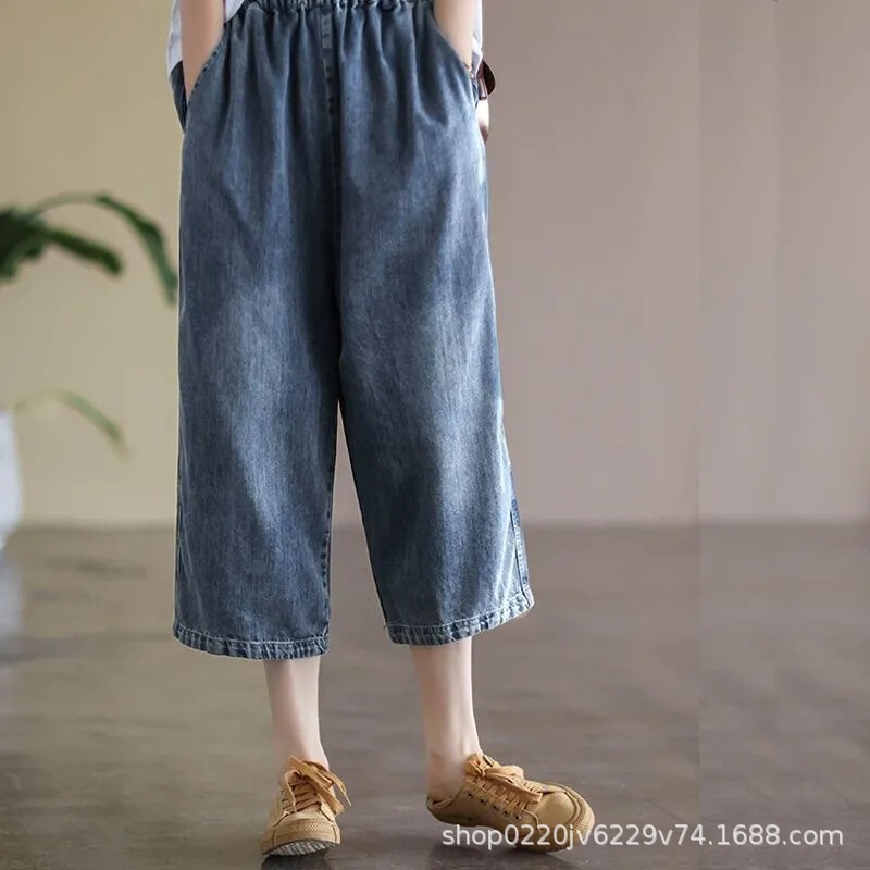Thin Denim Cropped Wide-Leg Pants for Women 2025 Summer New Loose High-Waist Slimming Elastic Waist Jeans