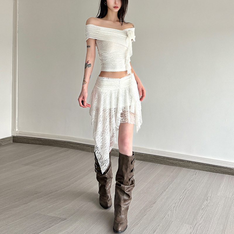 欧美风2025夏季新款女装纯色花朵装饰蕾丝单肩上衣不规则半身裙