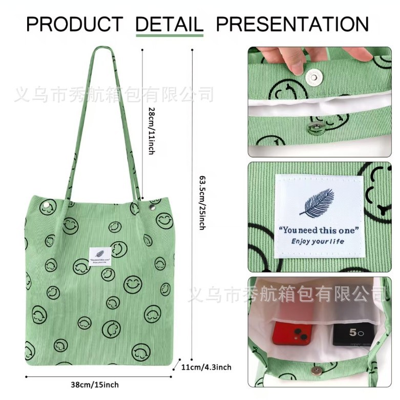 Bolsa de lona portátil de un solo hombro de pana retro de gran tamaño Bolsa de lona portátil de gran capacidad para niñas japonesas