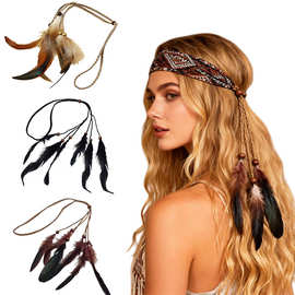 波西米亚羽毛发带 嬉皮士印第安羽毛头带手工编织羽毛发绳厂家直