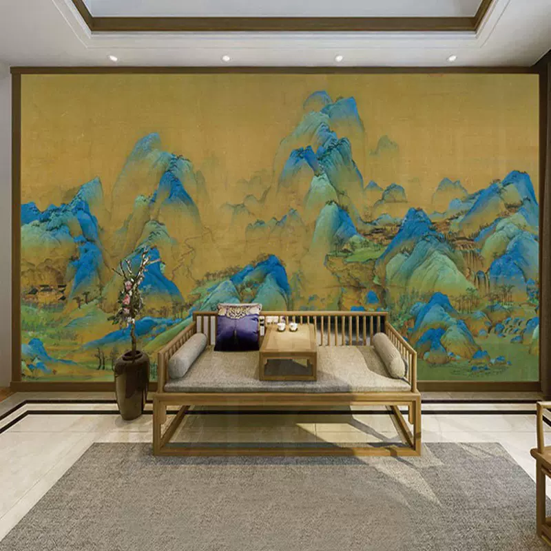 千里江山图墙纸山水国画墙布壁纸复古青绿山水画酒店办公室背景墙