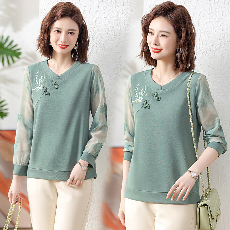 妈妈春装长袖T恤宽松洋气小衫中年女春秋遮肚子上衣新款洋气纱袖