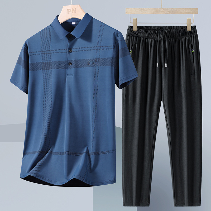 Papá con set de verano de dos piezas para hombre hielo delgado de manga corta suelta set casual de mediana edad pantalones secos rápidos