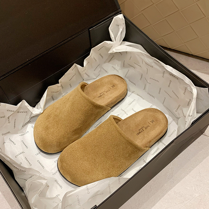 法式穆勒鞋女半包凉拖鞋夏季新品牛翻皮纯色圆头平跟软皮拖鞋女|undefined