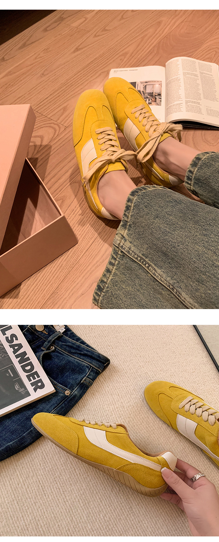 Giày sneaker nữ đế bệt mũi tròn dây buộc da thật phối màu phong cách Đức — Màu nâu chi tiết 29