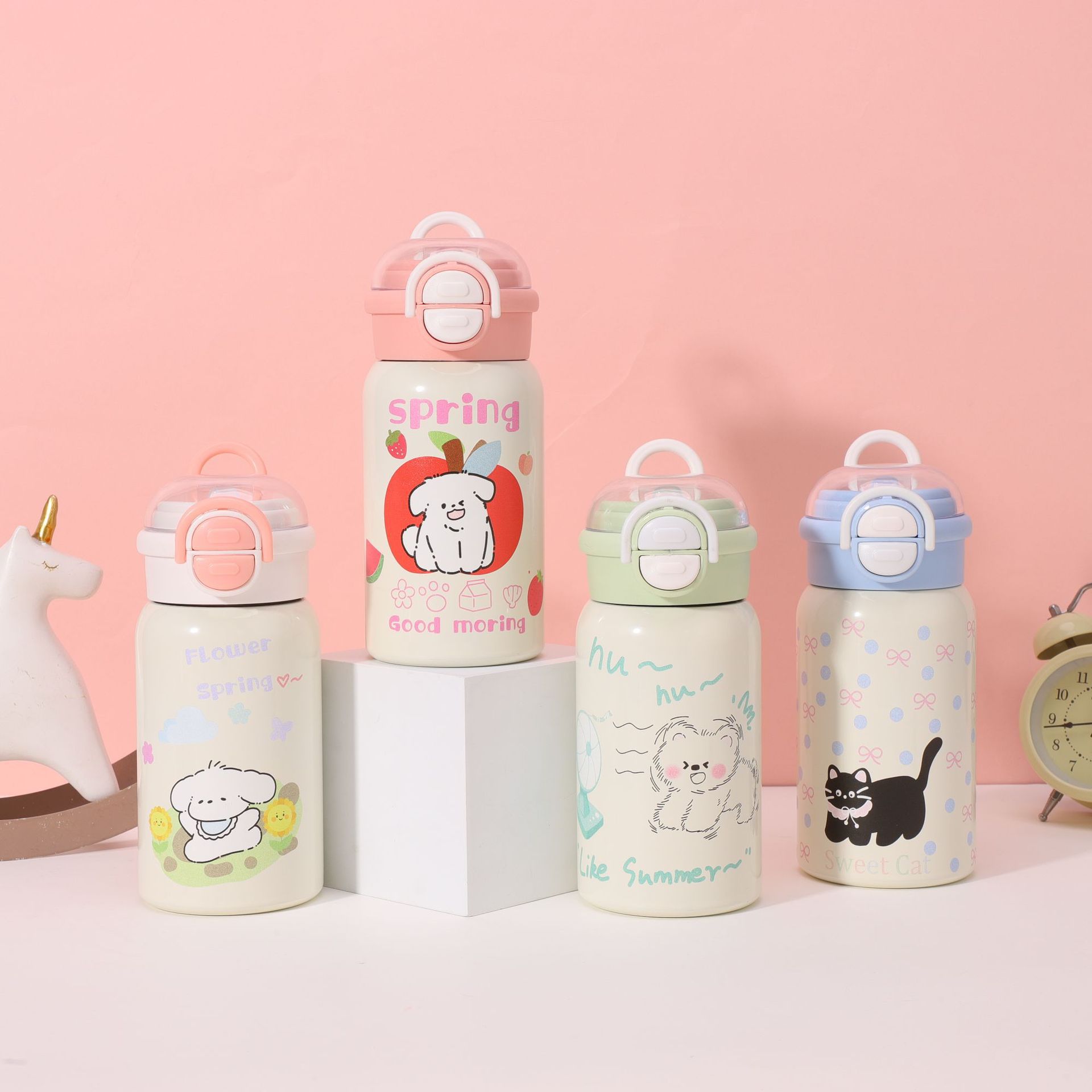 爆款卡通可爱316不锈钢保温杯高颜值女双饮弹跳学生吸管提手杯