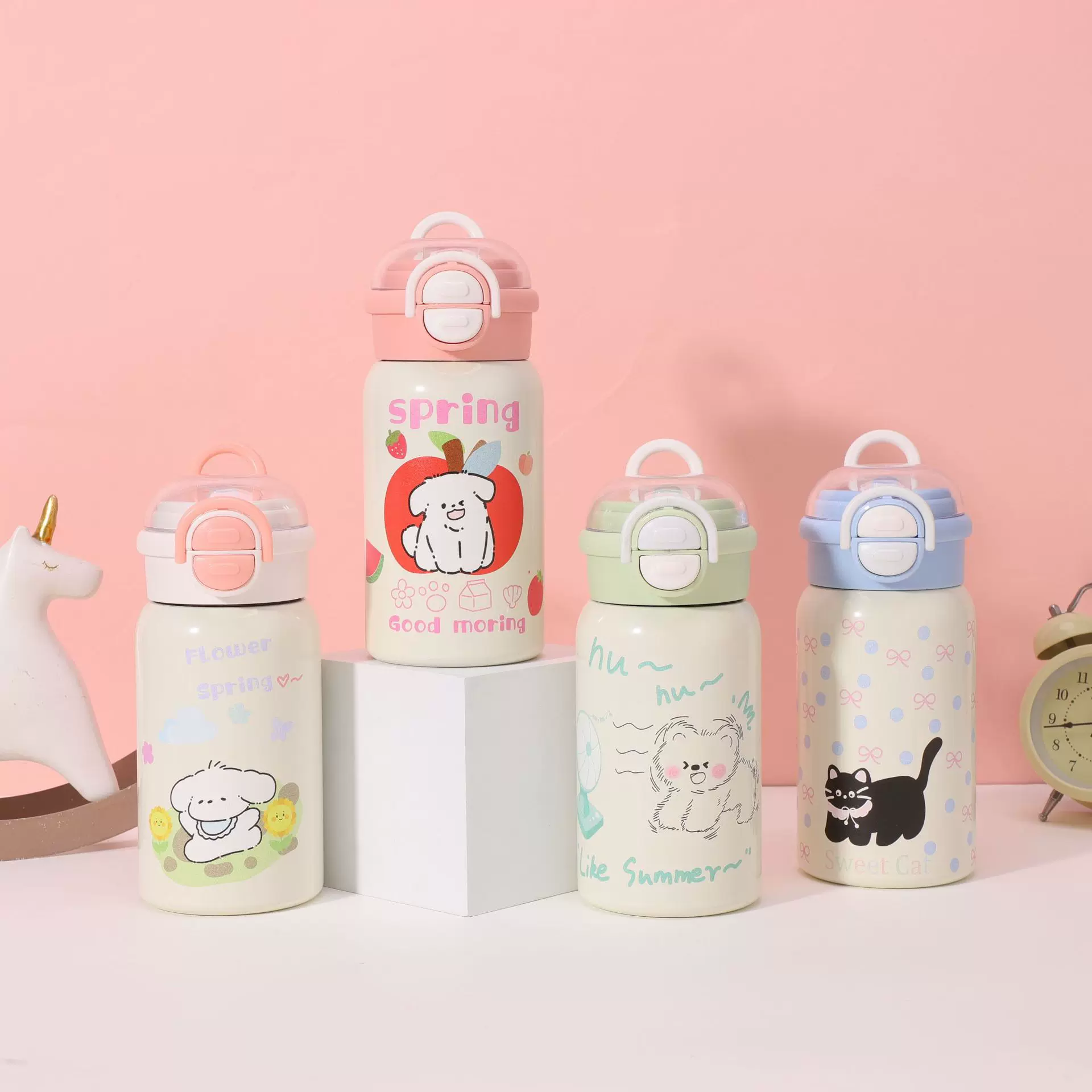 爆款卡通可爱316不锈钢保温杯高颜值女双饮弹跳学生吸管提手杯