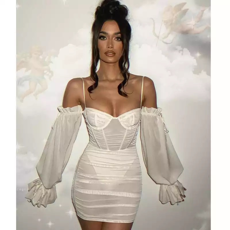 Mesh Gauze Pleated Wrapped Chest Long-Sleeved Strap Dress NSDMS77433