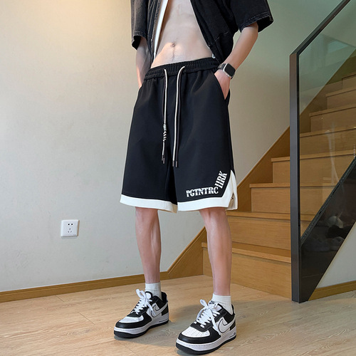Blue-and-white designer sports five-pocket shorts for men—summer, American-style, plus-size, casual, loose-fit, straight-leg, and wide-leg pants