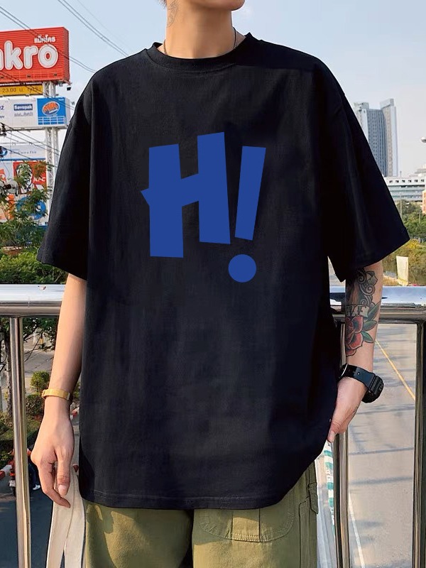 Hong Kong style letter Black Ice Silk couple's men's and women's same round neck short sleeve T-shirt men's fashionable all-match casual top clothes