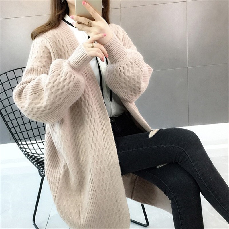 Mid-length knitted cardigan for women, autumn and winter thickened outerwear, 2026 new loose shawl sweater jacket