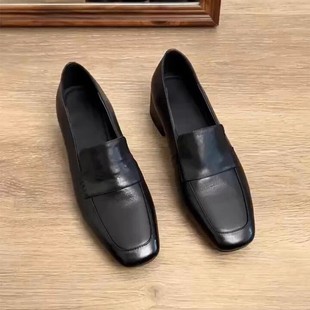 Sheepskin version ~ fashionable simple mid-heel loafers versatile commuter black high-grade small leather shoes retro square toe single-layer shoes