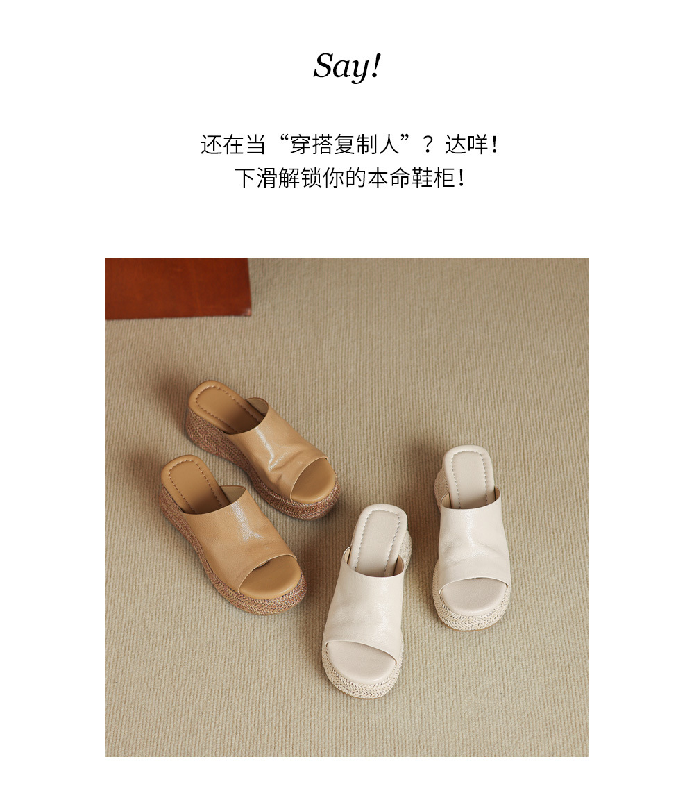 Dép sandal nữ quai ngang đế xuồng bệt gót thấp mũi hở chất liệu da cừu — màu trắng ngà, màu mơ chi tiết 2