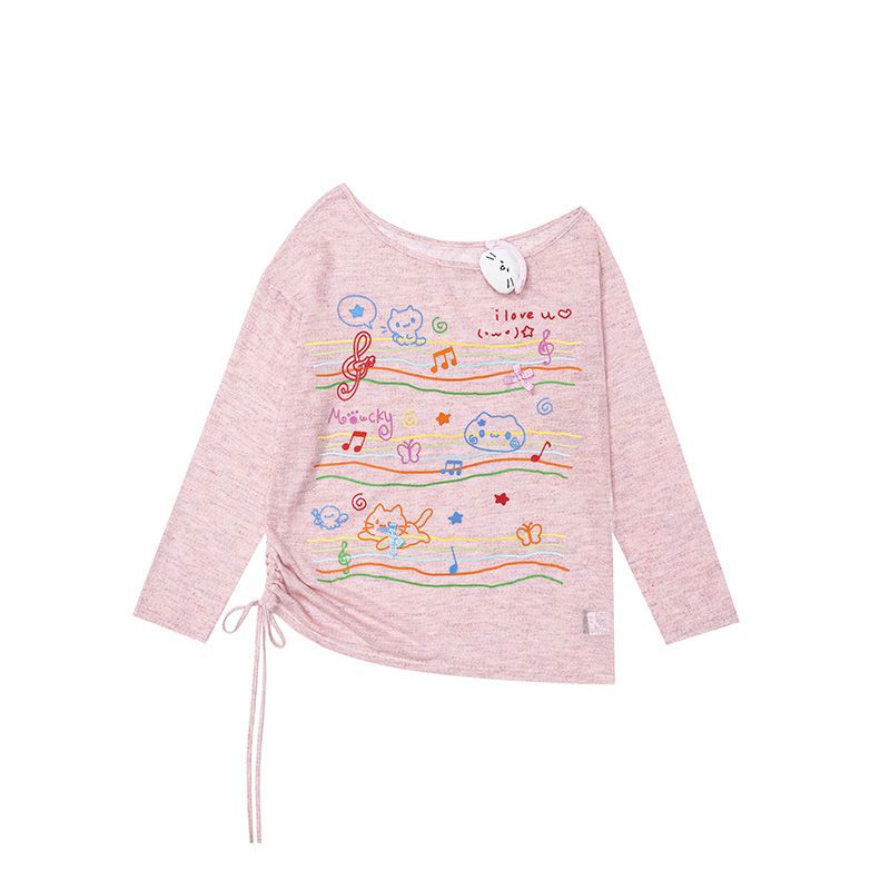 【Little Tianba】26 Summer In-Stock American-Style Cute and Fun Embroidered Off-Shoulder Long Sleeve T-Shirt for Women
