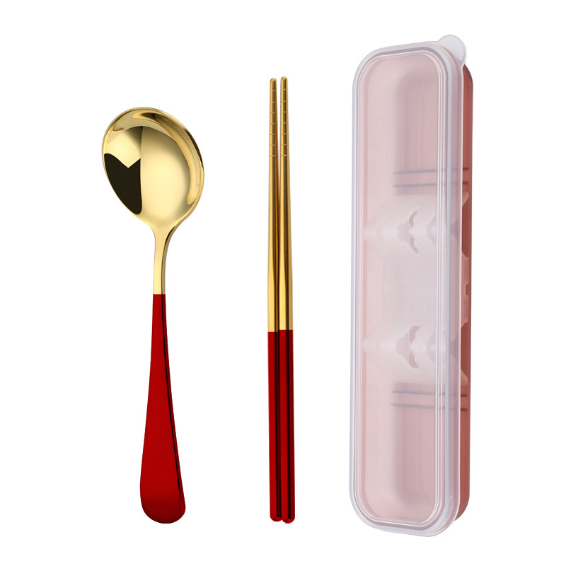 304 vajilla de acero inoxidable Red cuchara roja palillos traje portátil estudiante creativo vajilla de dos piezas logotipo imprimible