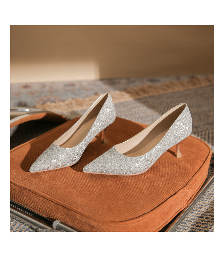 Giày cao gót mũi nhọn sequin lấp lánh CG6018 – miệng nông, gót nhọn — Màu Sâm panh chi tiết 20