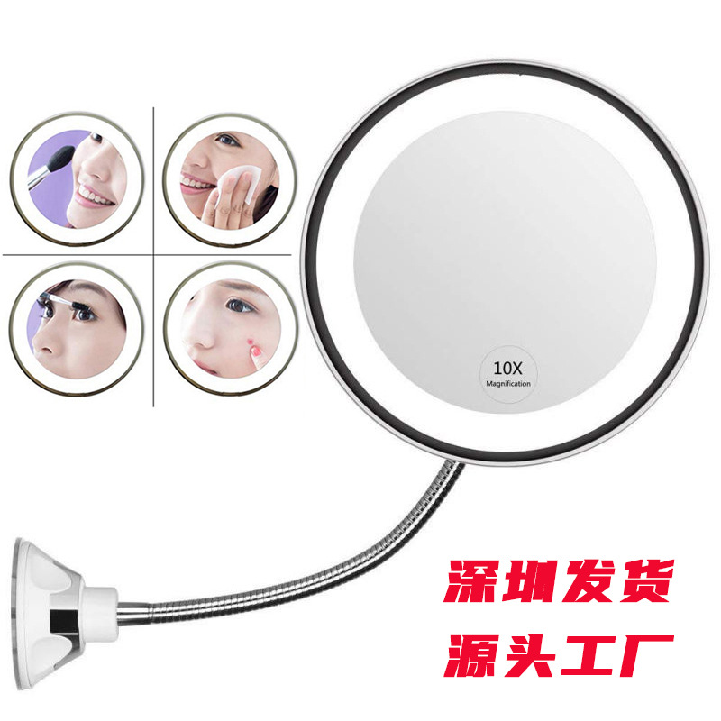 펀치없는 흡입 컵 메이크업 거울 360 도 회전 10X 확대 사각형 LED 욕실 구스넥 메이크업 거울