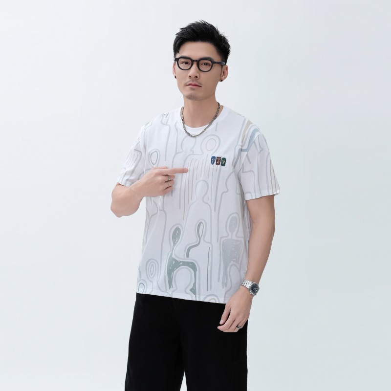 Cool feeling Ice Silk Oxford linen printed short sleeve T-shirt 2024 light luxury high-end men's fashion half sleeve top