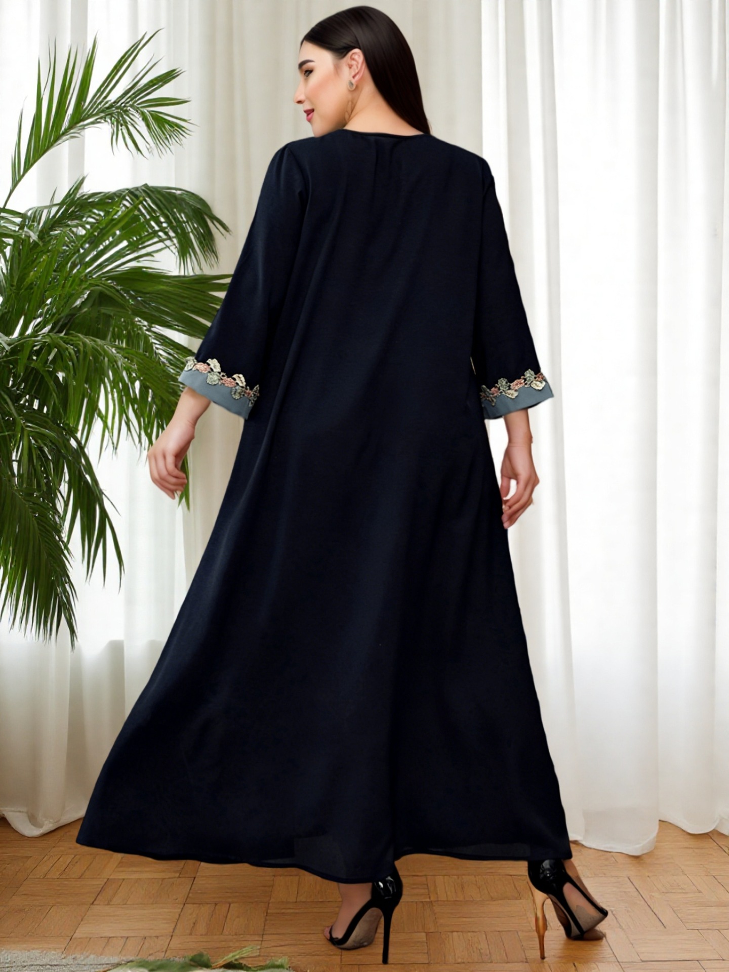 Exclusive Cross-border Supply Of Middle Eastern Robes, Muslim Fashion Navy Blue Embroidered Patchwork Abaya Plus-size_ecoleips.com