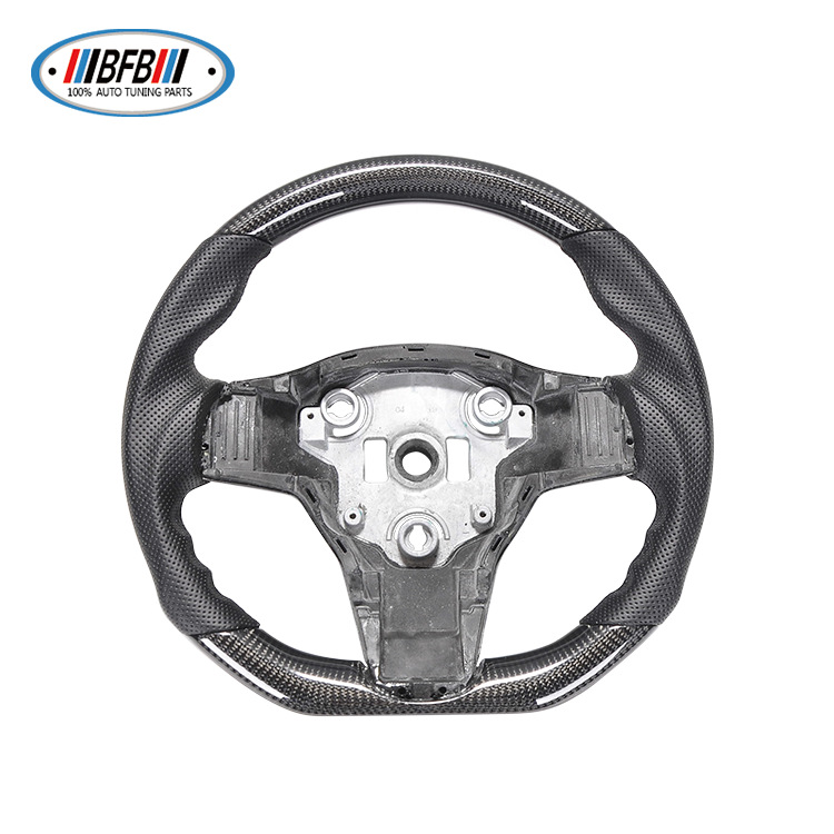 100% Real Carbon Fiber Forged Steering Wheel with Black Perforated Leather and Black Stitching - For Tesla Model Y - Modification