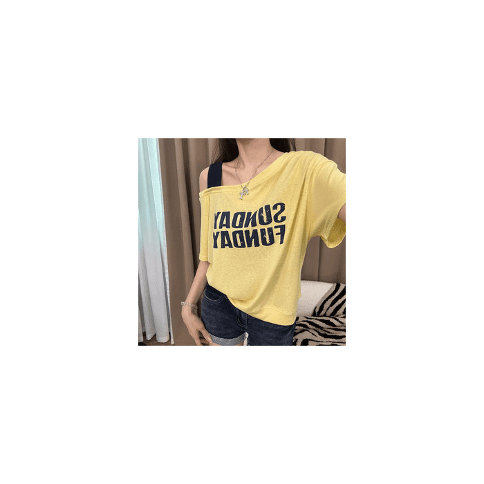 韓国ファッションワンラインベベルオフショルダー半袖Tシャツレディース2025年夏新デザイン超見栄えの良いユニークトップ|undefined