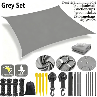 Sunshade Sail with Suction Cup Support Rod, SUV Side Tent Canopy, Four-Corner Sail, Rainproof and UV-Proof Canopy (Avtomobil yan çətirləri) - gray-suction-cup-support-rod-set-2x2m