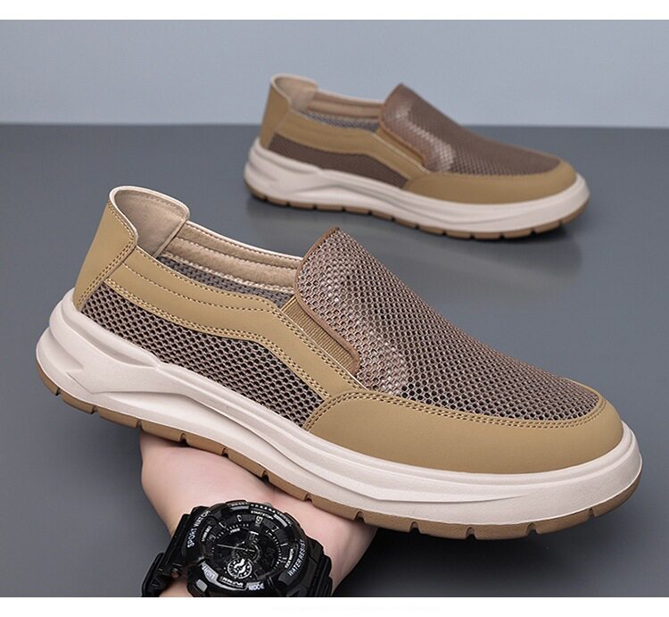 Giày lười nam lưới thoáng khí kiểu mới, đế bằng, phong cách thường ngày — Màu kaki【HT77663】, Màu xám【HT77663】 chi tiết 17