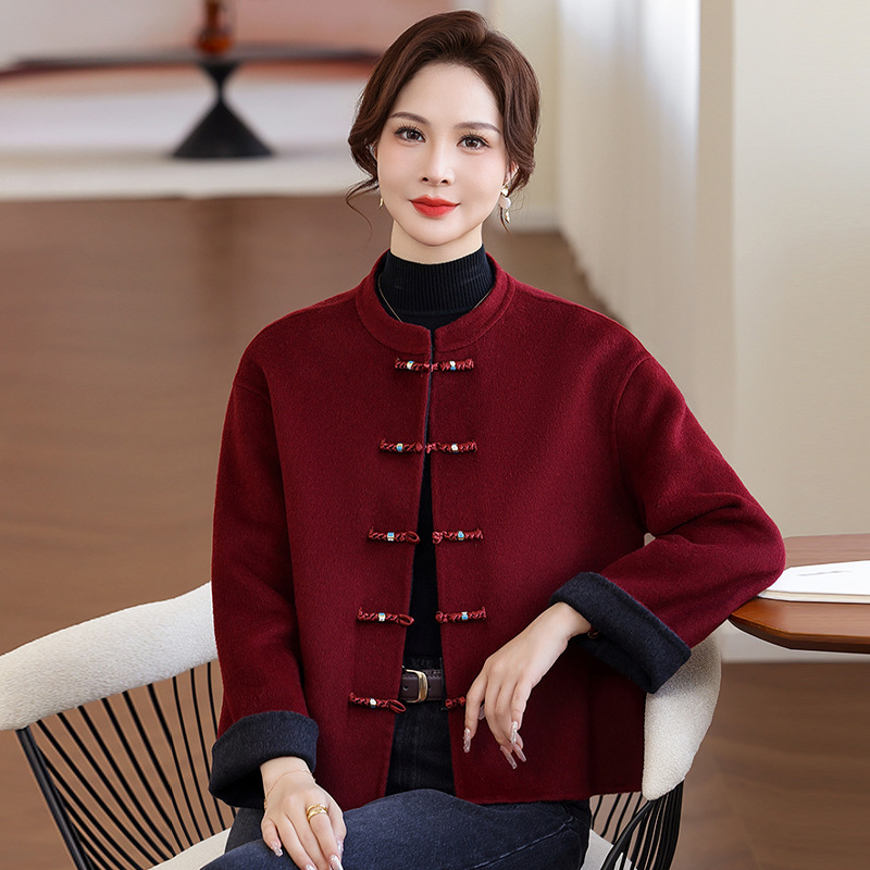 Women's Woolen Coat 2026 Autumn and Winter New Style for Petite Figures, Red Fashionable High-End National Style Double-Sided Wool Coat Trendy
