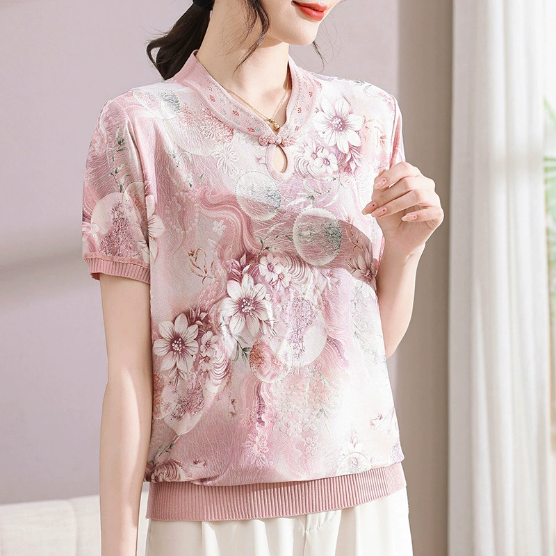 Модная летняя футболка из ледяного шелка с коротким рукавом для мам 2025, новая женская мода для женщин среднего возраста, китайский стиль, топ для свекрови