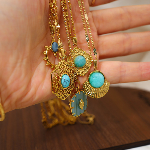 New blue natural stone geometric pendant necklace, retro palace style hollow carved clavicle chain, titanium steel necklace