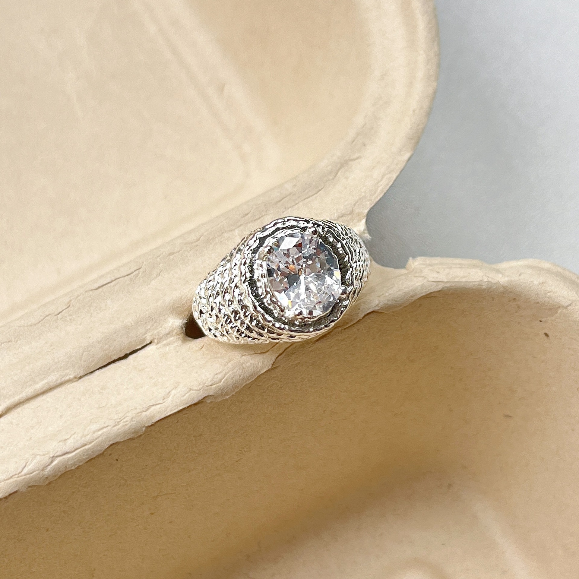 Designer Ring S925 Sterling Silver Textured Dove Egg Cross Open_voghion.com