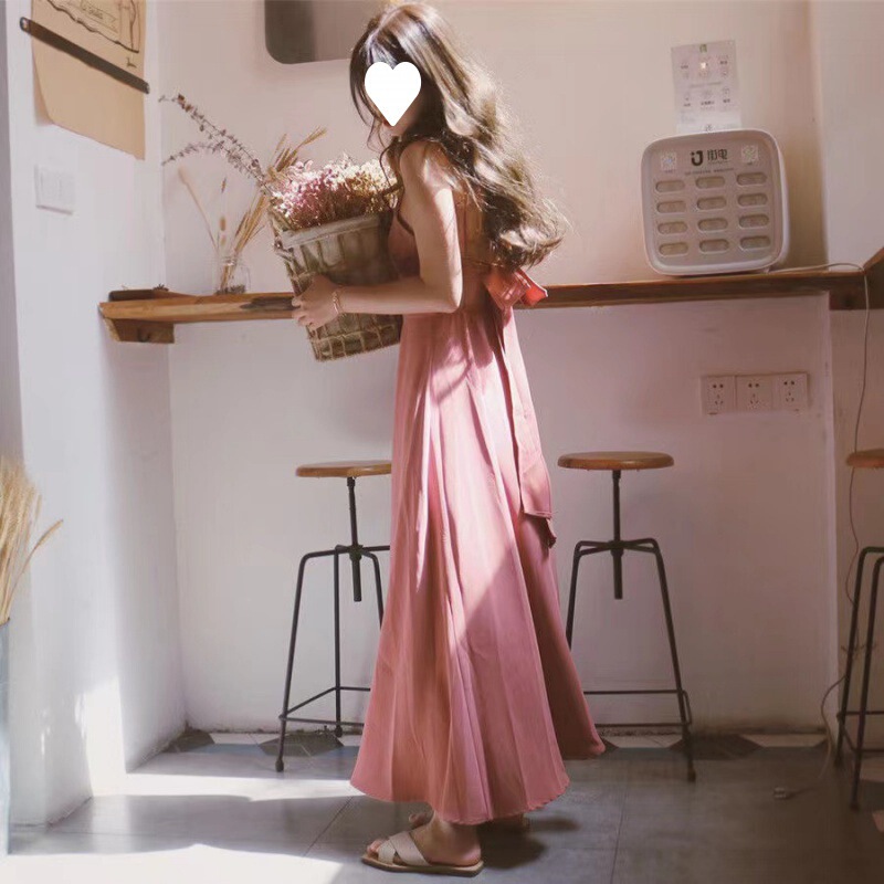Bow Strap Backless Dress Spring New Arrival Strap Dress Vacation Waist Sexy Slimming Long Dress Women