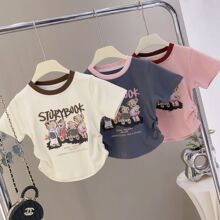 2025女童新品夏季韩系百搭童趣风四只小熊印花冰丝短袖网红T恤潮