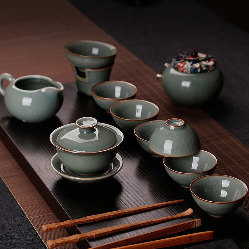 龙泉青瓷中式精品套装家用整套陶瓷功夫茶杯茶壶冰裂茶具礼盒